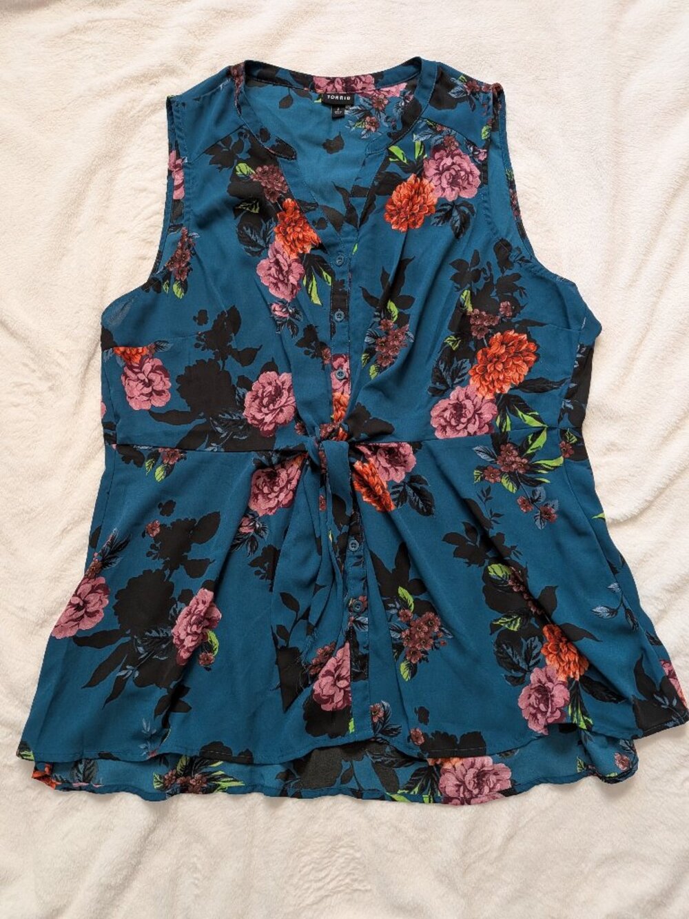 Torrid Floral Teal Georgette Tie Front Peplum Blouse Size 2 Date Boho Office
